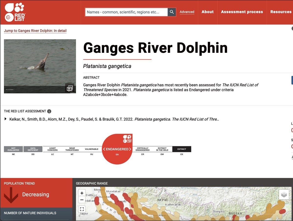 IUCN Red List Assessment for Ganges river dolphin.