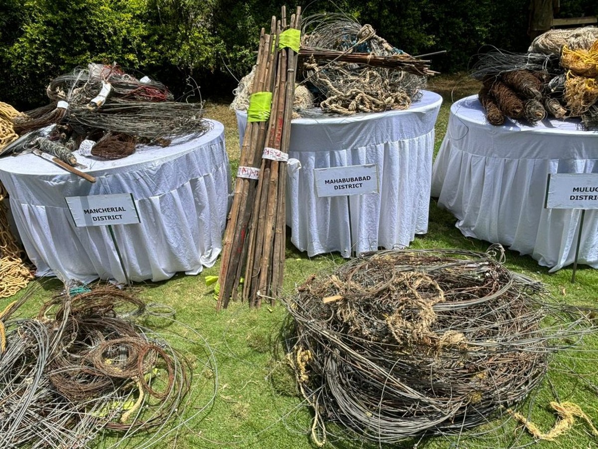 A huge quantity of hunter's snares and other hunting implements recovered by Telangana Forest Department.