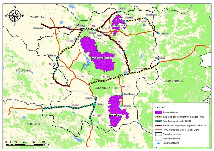 A map depicting existing and proposed roads fragmenting wildlife corridors in Central India
